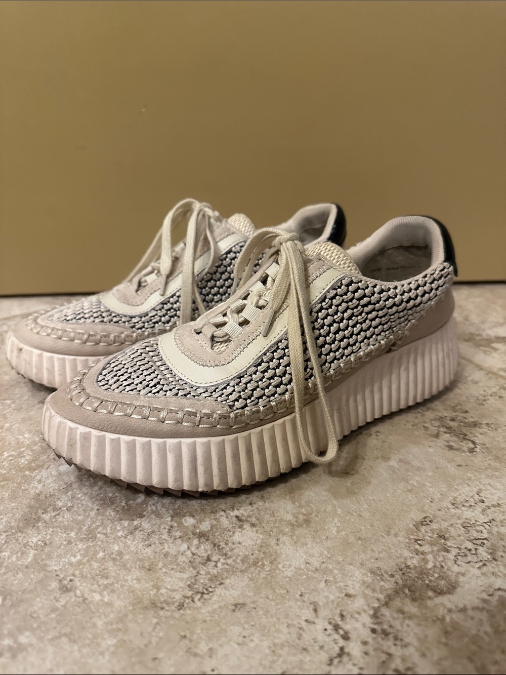 Woven Platform Lace-Up Sneakers in Cream and Black - Women